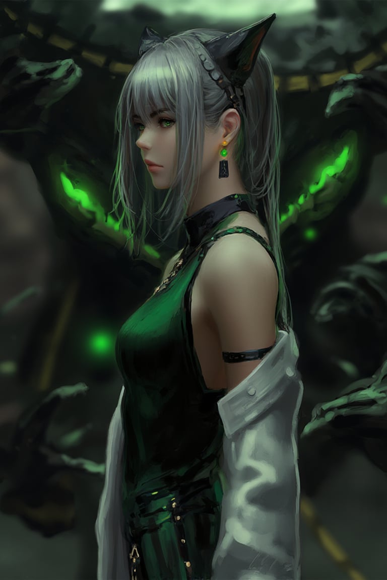 This digital artwork features a young woman with silver-gray hair and cat ears, suggesting a fantasy or anime style. She has a pale complexion and green eyes, and she wears a sleeveless, green dress with black accents and a white lab coat draped over her shoulders. The background is dark and industrial, with a large, menacing, black creature with glowing green eyes and jagged teeth looming behind her. The lighting is dramatic, casting shadows and highlights that emphasize the tension between the character and the creature. The color palette is predominantly dark with pops of green and white. The style is reminiscent of contemporary Japanese anime, with clean lines and vibrant colors. The textures are smooth and polished, typical of digital art. The overall mood is intense and slightly eerie, with a strong sense of danger and mystery. The character's expression is calm and slightly curious, adding to the intrigue of the scene. guweiz,ohwx style