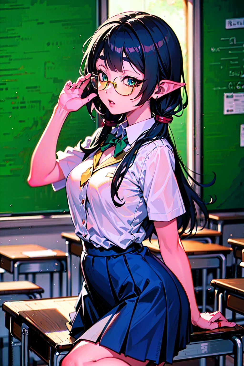 1girl, seifuku, tight, school girl, classroom, long skirt, glasses,frieren