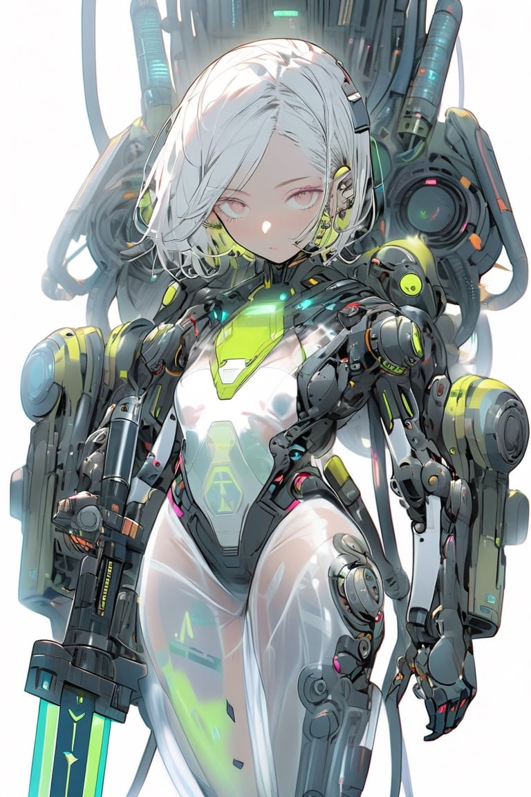 (absurdres, texture, ultimate-detailed, fine face), simple flat illustration, futurepunk, ambivalence, science fiction, gallant, futuristic see-through body android girl with tactical weapon crawling all over its body, standing in honor, hold a futuristic sword, mechanical weapon arms and hands, white background,