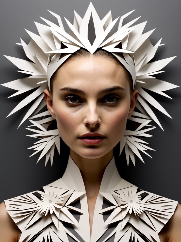 punk, Natalie Portman (Kirigami:0.3) representation, 3D, paper folding, paper cutting, Japanese, intricate, symmetrical, precision, clean lines, flora borsi and albert gleizes, Folk Art Style, massurrealism,
