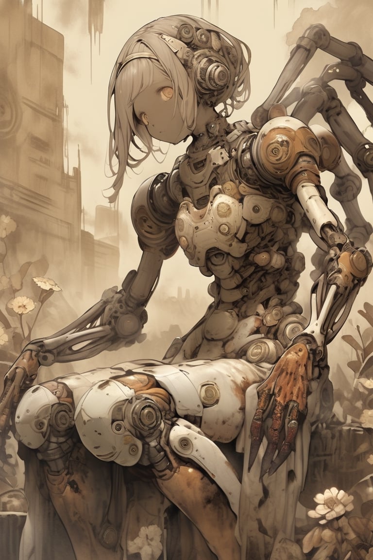 (absurdres, texture, ultimate detailed):1.3, flat illustration, faded oil painting, sepia color, (focus on knee), science fiction, gallant, disorder, rotten, ancient android girl with rust and flowers crawling all over its body, looking a bird on its palm curiously, mechanical arms and hands,