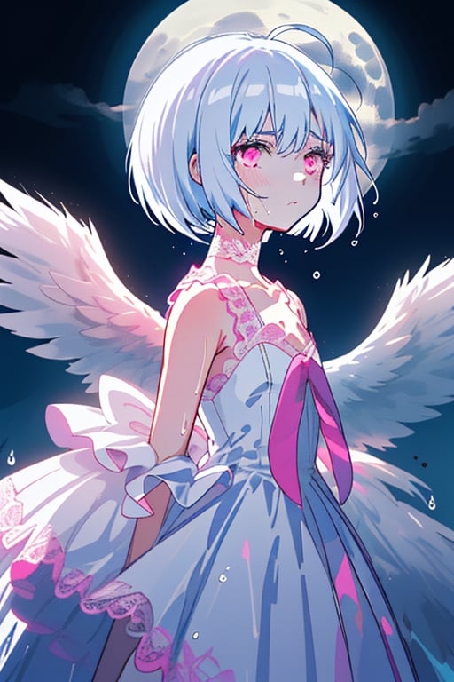 Fitoria, anime, white hair. Short hair. Bob haircut. White feathered wings. long lace dress. White dress. Pink lace. sleeveless. small cleavage. Pink lace choker. Pink eyes. sad. ruins. Moonlight. Wet body. Look front
