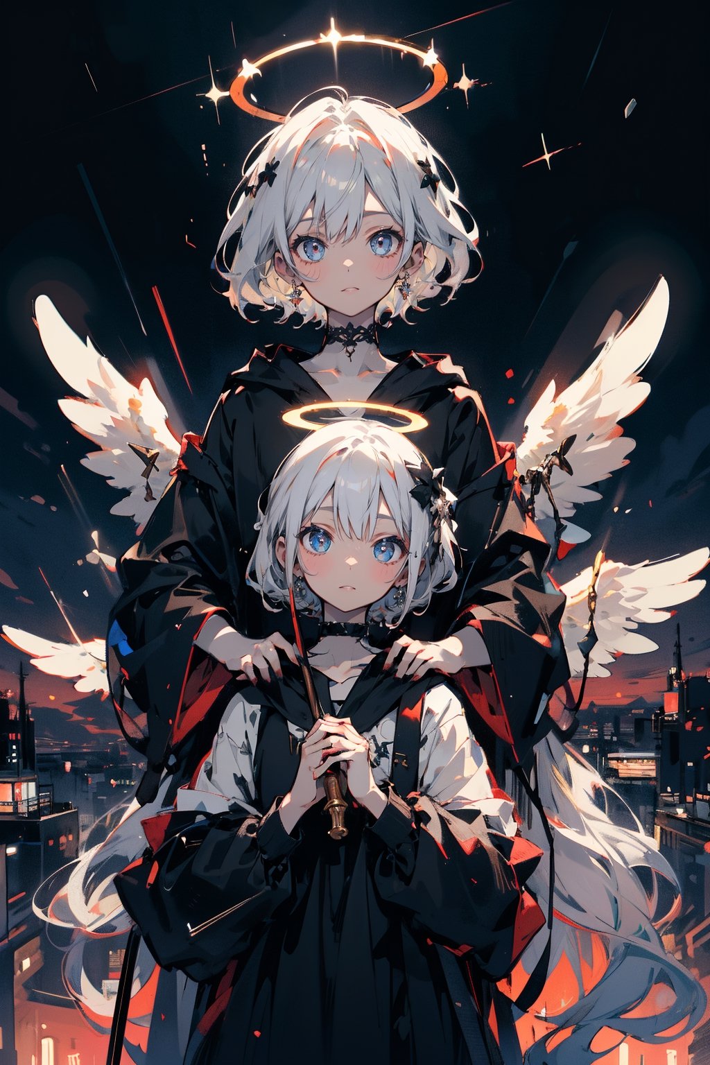 2 cute girl holding Staff, white hair, pale skin, balck dress, choker, vintage, night, night_sky, angel_halo,halo,Holy light,anime girl