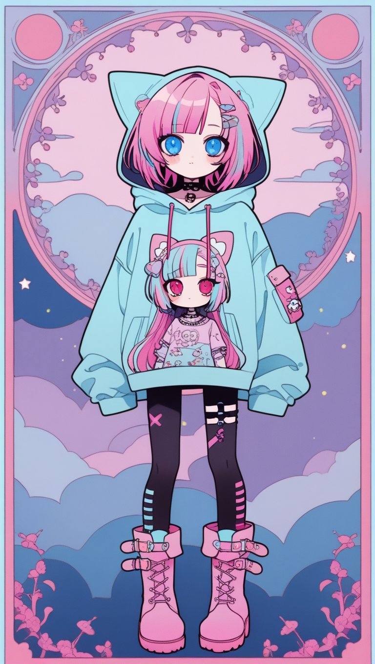 dal-3,,vtuber,1girl,
cute anime characters,Beautiful blue eyes,asymmetric bangs,candy punk Fashion,Hooded hoodie shaped like a cute kitten,cat ear hood,Pastel colored clothes based on blue and pink,Pastel Emo Fashion, Anime Print Shirt,Gothic Style tights, long military boots, score_7_up,dal-6 style,pink-emo,emo, art nouveau