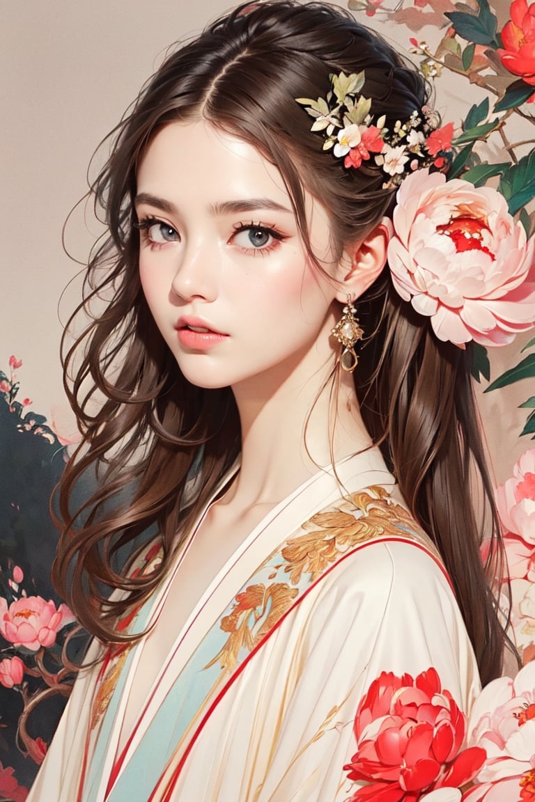 A girl, wearing hanfu, peony garden, butterfly, (negative space:1.4), fusion of art nouveau styles with gongbi painting, gold and white and red hue, Mucha style, (Cinematic lighting, ethereal light, intricate details, extremely detailed, incredible details, full colored), complex details, hyper maximalist, gorgeous light and shadow, detailed decoration, detailed lines. masterpiece, best quality, HDR, UHD, unreal engine. looking at the camera, fair skin, beautiful face,