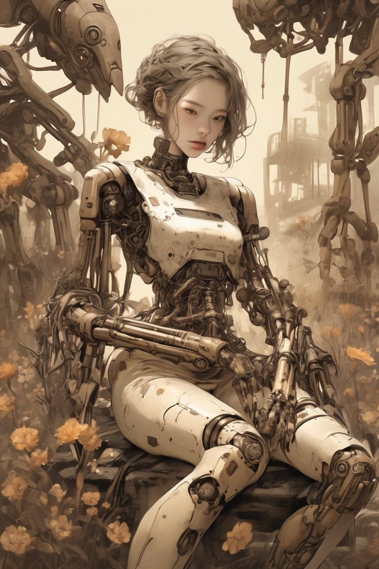 (absurdres, texture, insane-detailed):1.3, flat illustration, faded oil painting, sepia color, (focus on knee), science fiction, gallant, disorder, rotten, ancient android girl with rust and flowers crawling all over its body, A bird is on her hand. She looks a bird curiously. mechanical arms and hands,
