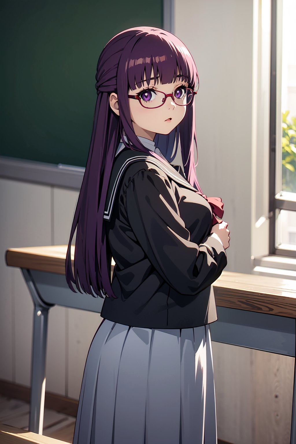 1girl, seifuku, tight, school girl, classroom, long skirt, glasses,