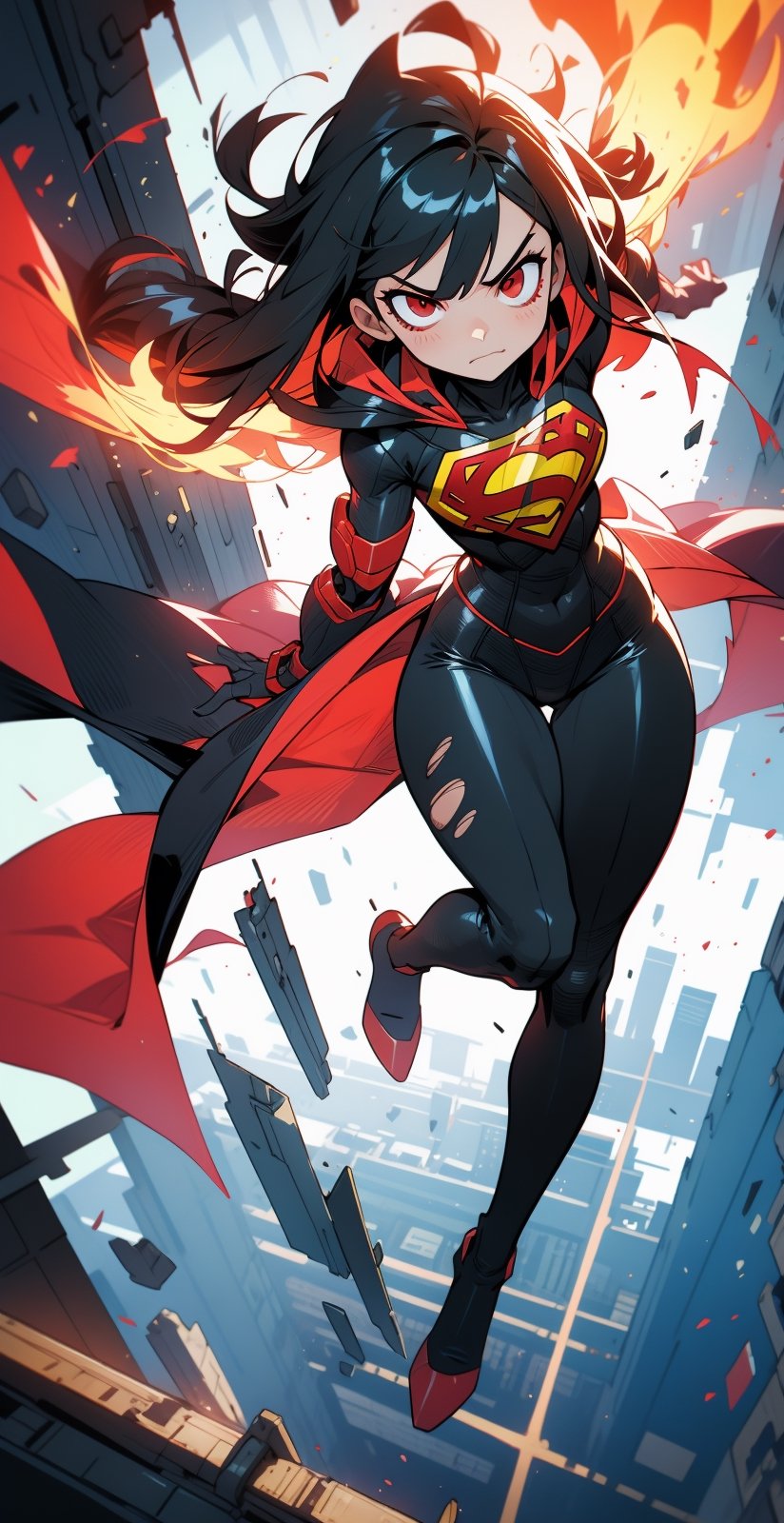 \\Beautiful adult woman\\, supergirl, (red eyes), ((black hair)), torn cape, long_hair:1.3, bangs, hourglass body shape, detailed eyes, normal breasts quality, evil smirk, slim waist, (slim thick body), ((full-body)), (angry look), perfect hands, in a spartan thick armor, ruined city, surrounded by death, fire around, dark colors, sad colors, space hair, levitating, sky, zero gravity, above city, view from above looking down, depth_of_field