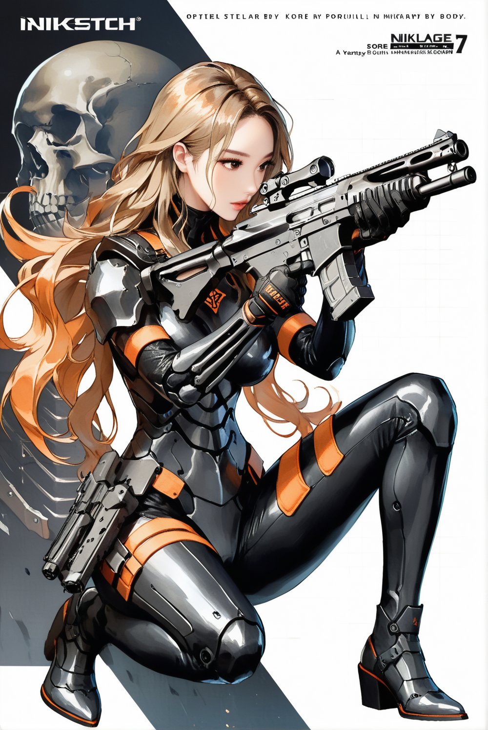 score_9, score_8_up, score_7_up, stellar_blade_tachy, a 17-years-old ethereal and breathtakingly glamorous korean idol, in a war zone, trench, close-up, perfect busty model body, brown eyes, brown long hair, balayage hair, gloves, orange-black two tones armor, combat suit with external skeleton design, pencil sktech, masterpiece, best quality, official art, beauty & aesthetic, IncrsNikkeProfile, zoom layer, holding weapon, holding gun, one knee