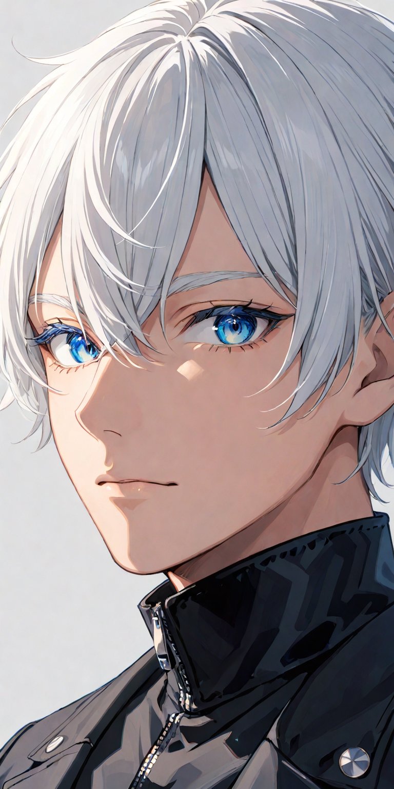 solo, looking at viewer, short hair, bangs, blue eyes, 1boy, hair between eyes, closed mouth, jacket, upper body, white hair, male focus, black jacket, eyelashes, high collar, colored eyelashes, gojou satoru