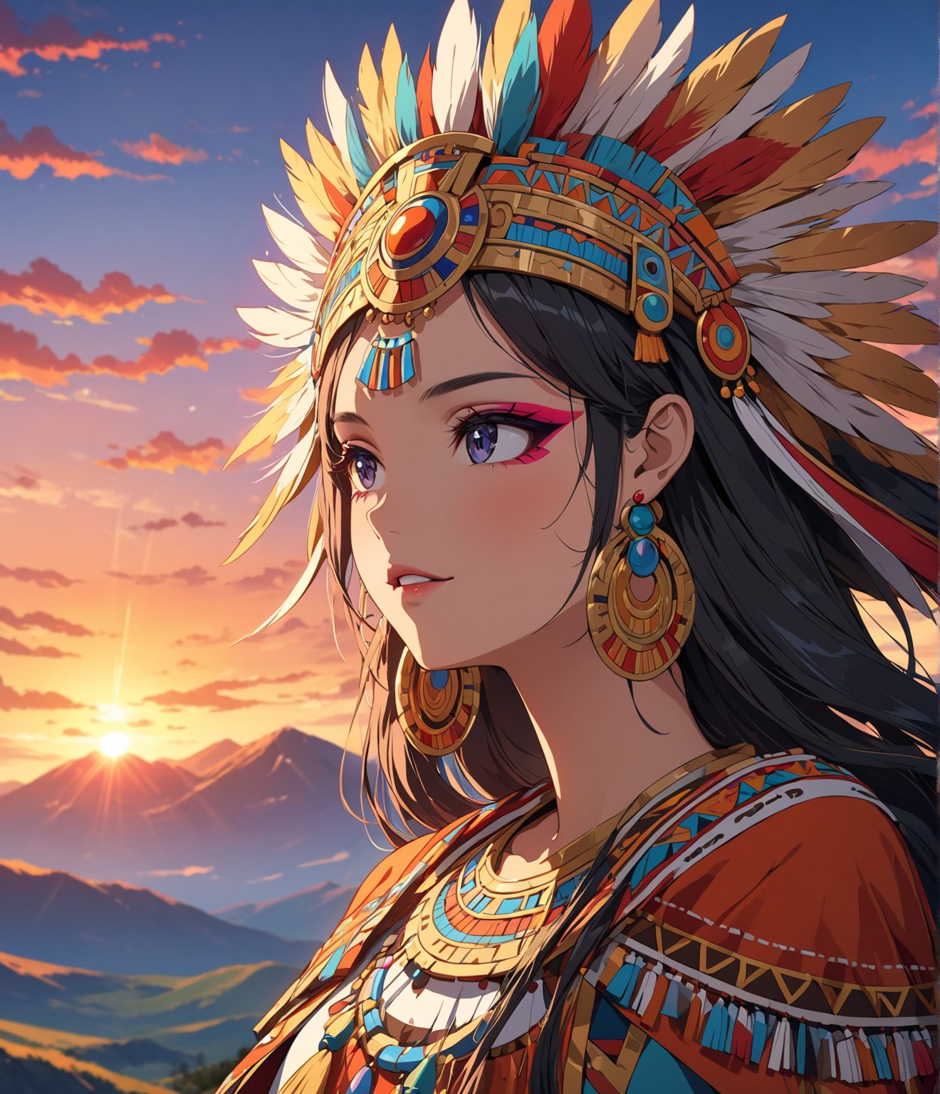 Masterpiece, 4K, ultra detailed, anime style, solo, 1 ancient Inca woman wearing a flowy cape on a mountain top, beautiful flawless face with glamourous makeup, dangling earrings, colorful headpiece, epic sunset, windy, more detail XL, SFW, depth of field,