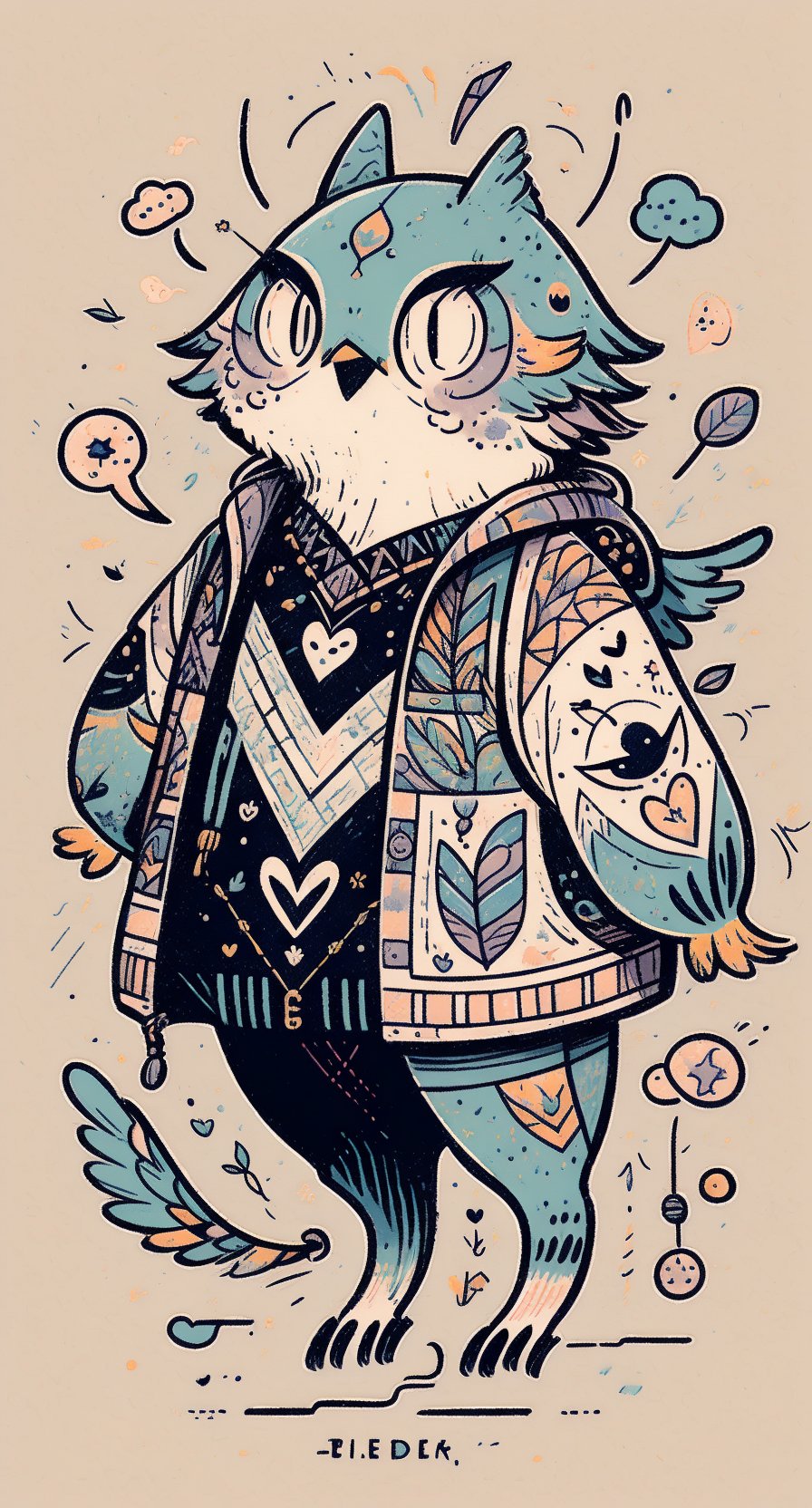 A whimsical illustration of a bird's tattoo, surrounded by colorful vector shapes and swirling patterns. The bird's face is adorned with a matching tattoo logo, complete with tiny ink . Soft pastel hues and subtle shading bring the adorable scene to life.,cartoon,IncrsLcmSolo,tshee00d