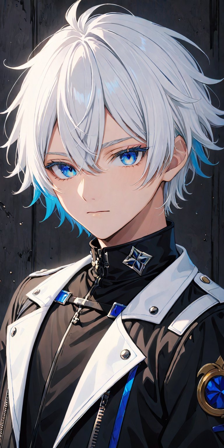 solo, looking at viewer, short hair, bangs, blue eyes, 1boy, hair between eyes, closed mouth, jacket, upper body, white hair, male focus, black jacket, eyelashes, high collar, colored eyelashes, gojou satoru