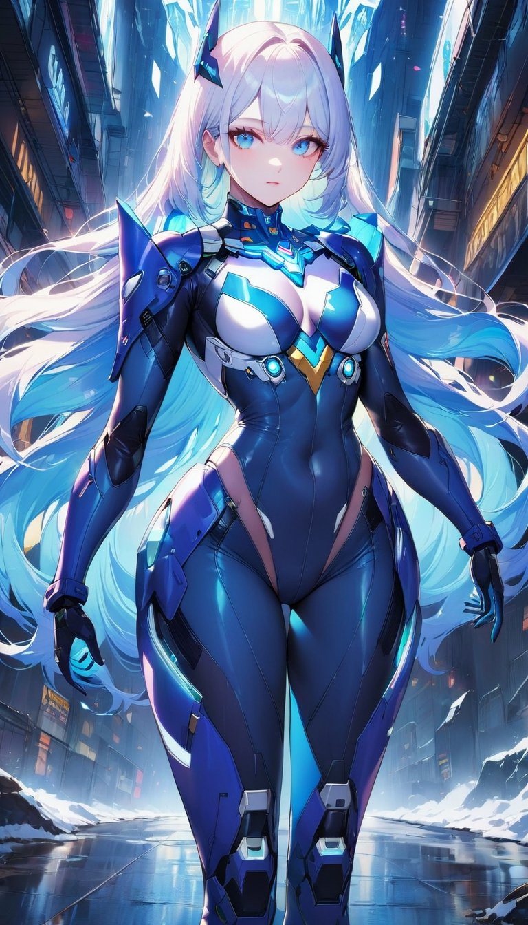 Best picture quality, high resolution, 8k, realistic, sharp focus, realistic image of elegant lady, Korean beauty, supermodel, pure white hair, blue eyes, wearing high-tech cyberpunk style blue Batgirl suit, radiant Glow, sparkling suit, mecha, perfectly customized high-tech suit, ice theme, custom design, 1 girl,swordup, looking at viewer,JeeSoo
