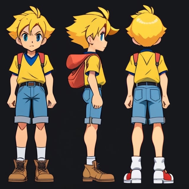 Design a full-body character model of an anime boy, depicting him from the front, back, left side, and right side. Additionally, create sprite sheets for each view to facilitate animation and character movement in different directions. The character design should be versatile, allowing for various poses and expressions to suit different storytelling needs.

Character Design:

Front View: Create a detailed illustration of the anime boy facing forward, showing his entire body from head to toe. Pay attention to proportions, clothing, and accessories to ensure a visually appealing and well-balanced character design.
Back View: Design a complementary illustration of the anime boy from the back, showcasing the details of his hairstyle, clothing, and any additional features not visible from the front.
Left Side View: Illustrate the anime boy from the left side, capturing his profile and any distinguishing features or accessories on that side.
Right Side View: Similarly, create an illustration of the anime boy from the right side, providing a complete view of his profile and any unique characteristics.
Sprite Sheets:

Front View Sprite Sheet: Organize a series of frames depicting the anime boy facing forward in various poses or animations. Ensure consistency in character design and proportions across all frames to maintain visual coherence.
Back View Sprite Sheet: Create frames showing the anime boy from the back, suitable for animating movements or actions from behind.
Left and Right Side Sprite Sheets: Develop separate sprite sheets for the anime boy's left and right side views, allowing for fluid animations and transitions in both directions.
Guidelines:

Use clear lines, bold colors, and defined shapes to enhance the character's visual appeal and readability in sprite form.
Pay attention to anatomical proportions and pose dynamics to create dynamic and lifelike character poses.
Provide multiple frames in each sprite sheet to accommodate a range of movements, gestures, and expressions for versatile animation purposes.
Ensure consistency in character design, clothing, and accessories across all views and sprite sheets to maintain character continuity.