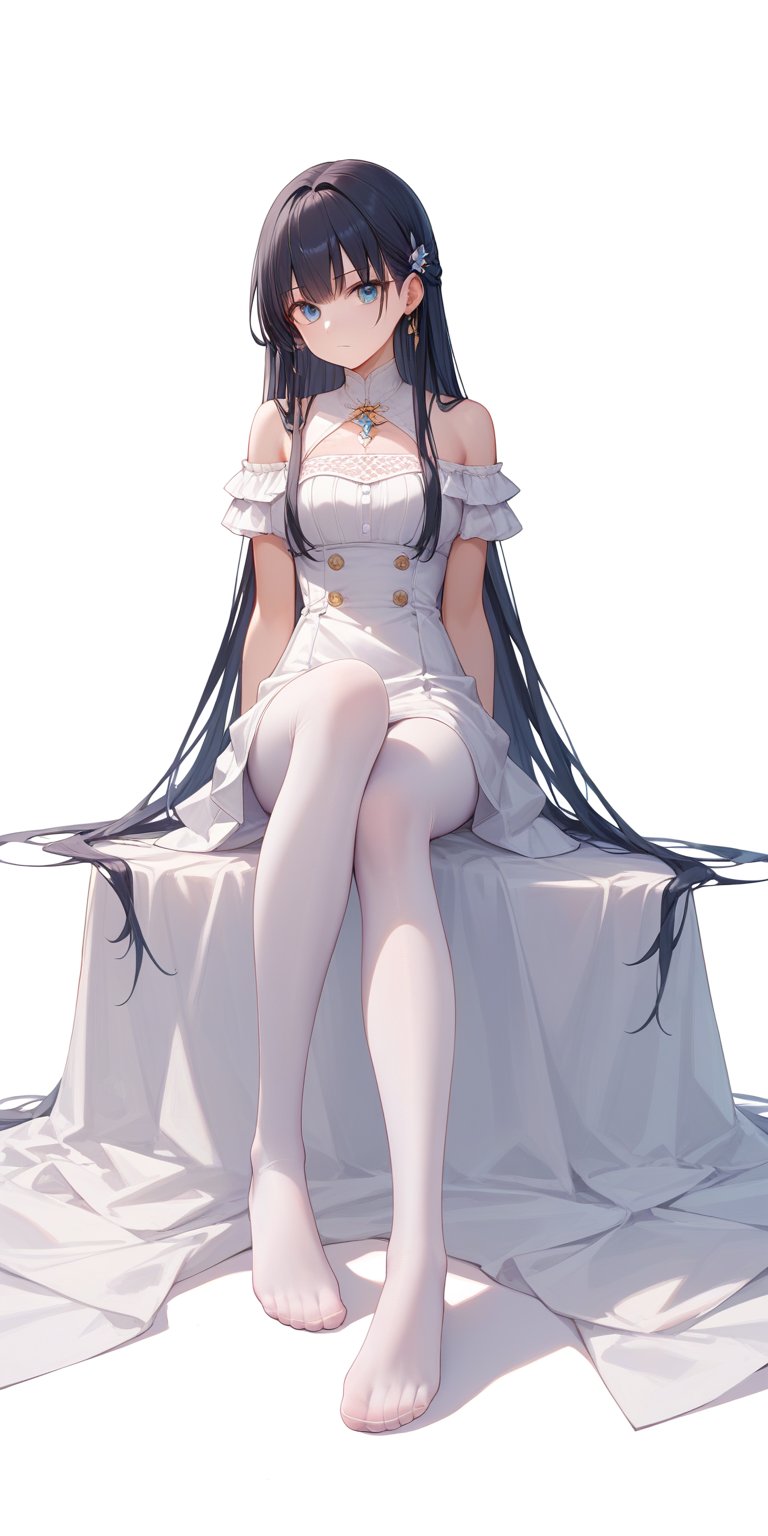 score_9, score_8_up, score_7_up, score_6_up, score_5_up, score_4_up,source_anime,

masterpiece, newest, Highly detailed, 1girl, Off the shoulders, sitting, arms at sides, long hair, white pantyhose, no shoes, black hair, White background, facing the viewer,(full body)