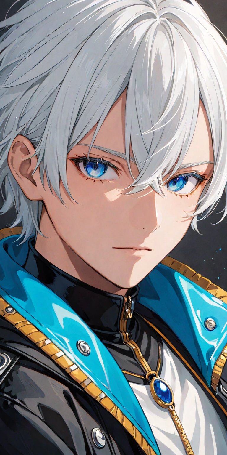 solo, looking at viewer, short hair, bangs, blue eyes, 1boy, hair between eyes, closed mouth, jacket, upper body, white hair, male focus, black jacket, eyelashes, high collar, colored eyelashes, gojou satoru