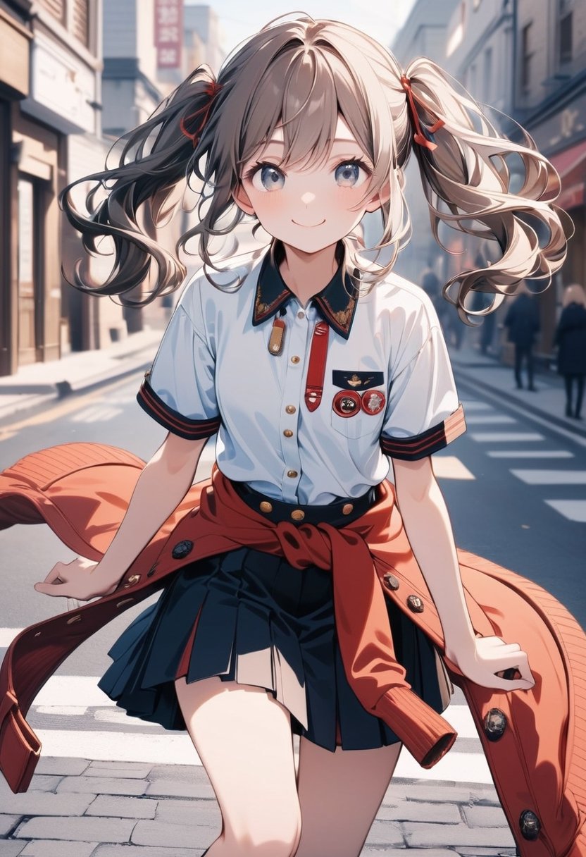 Masterpiece, beautiful details, perfect focus, uniform 8K wallpaper, high resolution, exquisite texture in every detail,
 street, looking_at_viewer, clean eyes
1girl, Hotaru Shidare (Dagashi_Kashi), white shirt,  skirt, midriff, short sleeves,  coat tied around waist,
 twintail, smile, :>, 
