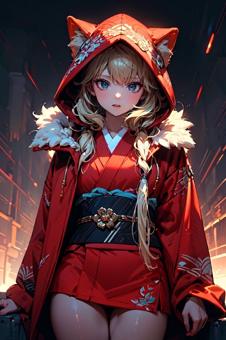 A girl with long blonde hair, fur hooded kimono, red hooded kimono, miniskirt, night streets. (Cinematic lighting, ethereal light, intricate details, extremely detailed, incredible details, full colored), complex details, hyper maximalist, masterpiece, best quality, HDR, UHD, unreal engine. head to thigh,