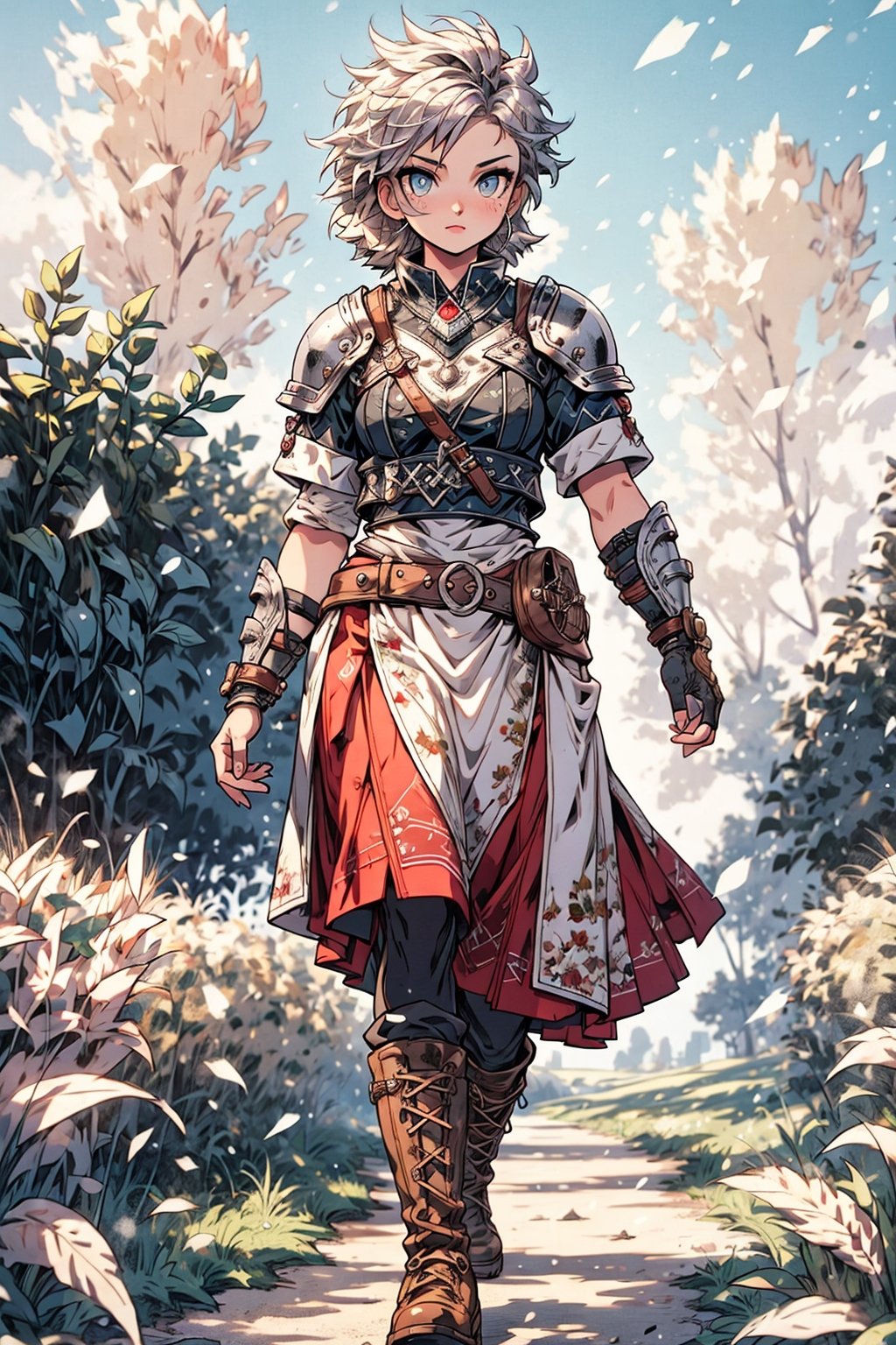 (Masterpiece, best quality, ultra-detailed, High detailed, detailed background, Perfect hands, perfect anatomy, anatomically correct),viking, 1girl, solo_female, undercut silver hair, brigth_purple_pupils, ,nodf_lora, eyesgod, ,retro artstyle, leather armor, leather gloves, long skirt, combat boots, walking through a wheat field, holding nothing