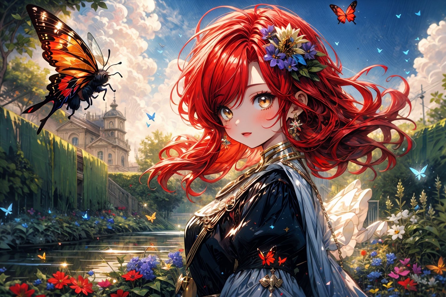 High quality, masterpiece, rayearth, 1 girl, sole female, shiny unkept red hair, brigth silver eyes, short fairy dress, floating_hair, floating above a garden of diferent types of wildflowers, bees and buterflies around her