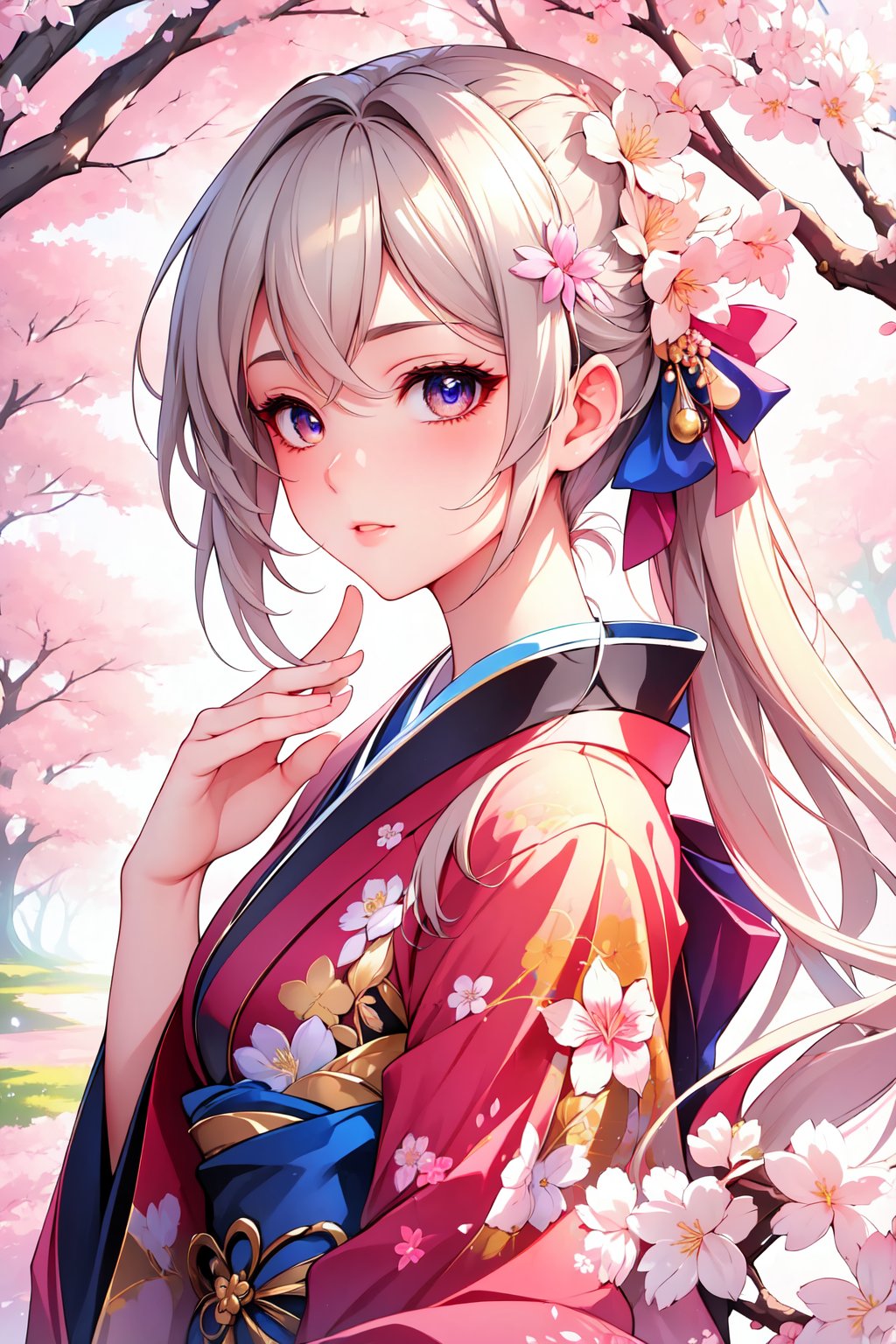 ((masterpiece: 1.2)), beautiful and aesthetic girl, ((1girl)), extreme detailed, highest detailed image, ((detailed eyes)), ((light particles)), kimono, jewelry, sexy, cherry blossom, cherry blossoms, mdeium shot.