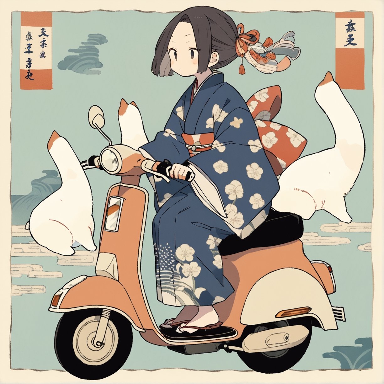 Kimono girl riding a scooter,  ukiyo-e background,  masterpiece by antonioM on Tensor.Art