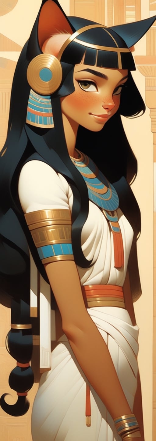 (by Loish, Leyendecker, James Gilleard), perfect anatomy, a beautiful catgirl 'meow' in Ancient Egypt, circa 1st century BCE, (long black hair, (cat ears), freckles:1.2), smiling, fun, playful, extremely detailed, More Detail XL,