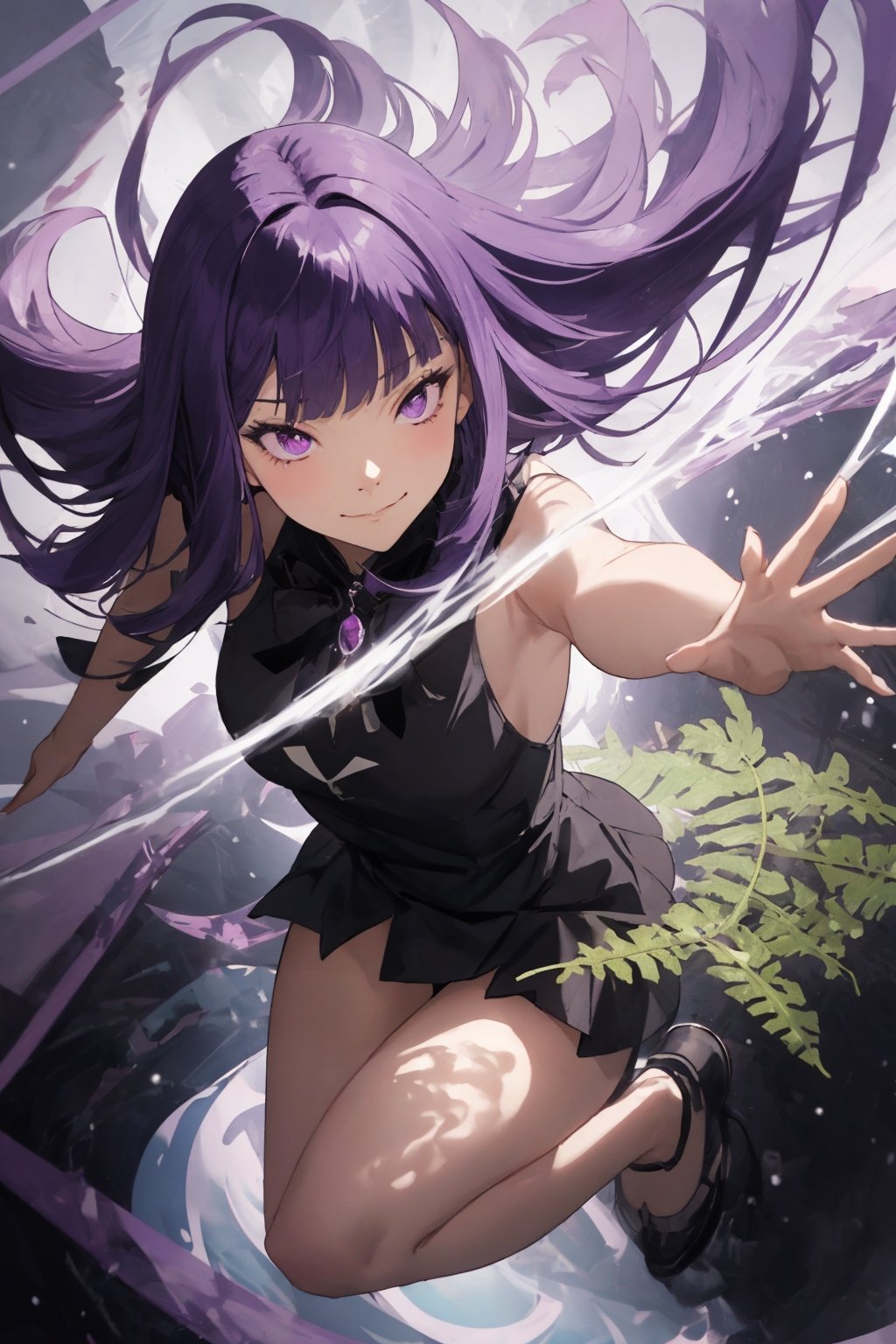 masterpiece , (dynamic pose), (slightly smiling with closed mouth), ( Fern, long hair, bangs, purple eyes, purple hair, sidelocks, blunt bangs,),((no gravity , floating in the air)), (holding a small black hole), frost and ice, snow_crystal_background, Fern,salama,coverl,frieren