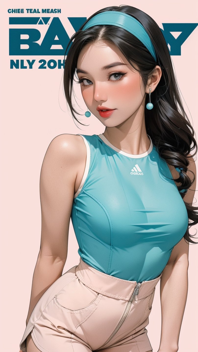 1girl, ((thigh up body, standing,)) magazine cover, outline, 2.5D artstyle, tennis girl outfit, hairband, looking at viewer, earings, blush, cyan background, hairstyle, detailed clothes, sleeveless, ultra detailed, best quality, sharp focus, chimai,