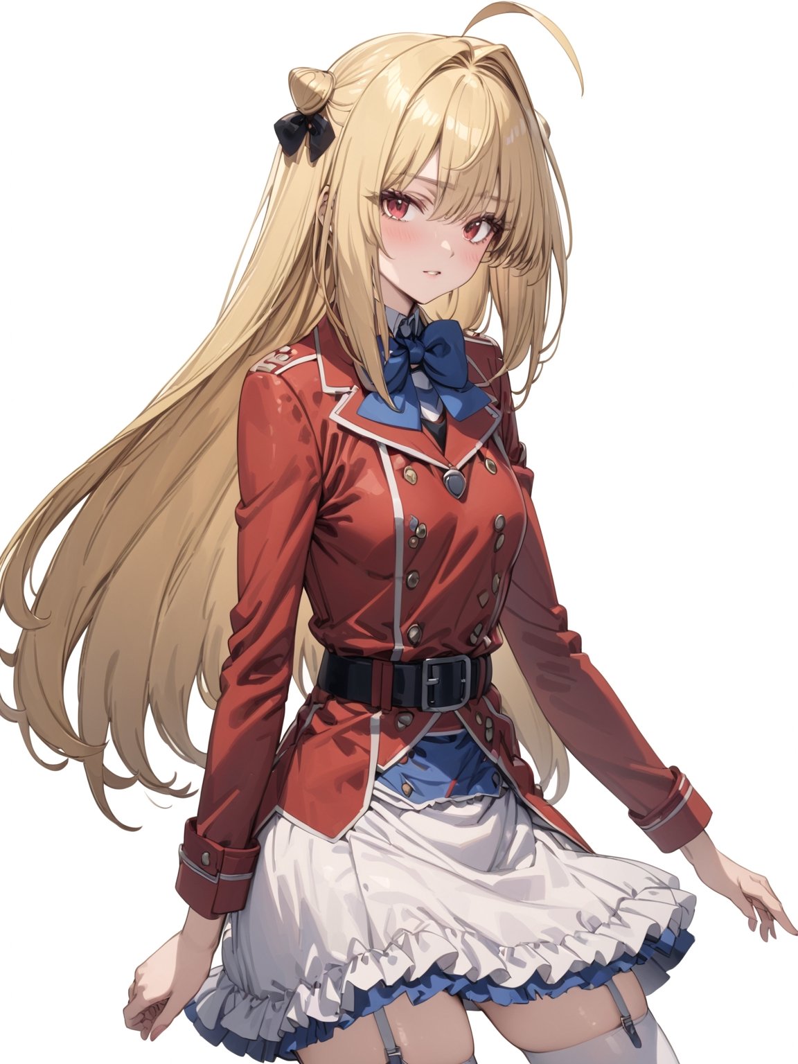 //Quality, masterpiece, best quality, detailmaster2, 8k, 8k UHD, ultra detailed, ultra-high resolution, ultra-high definition, highres, 
//Character, 1girl, solo,Terakomari, long hair, blonde hair, red eyes, ahoge, 
//Fashion, red coat, belt buckle, blue bowtie, long sleeves, white skirt, bow, white thighhighs, garter straps, boots, 
//Background, white background, 
//Others, 