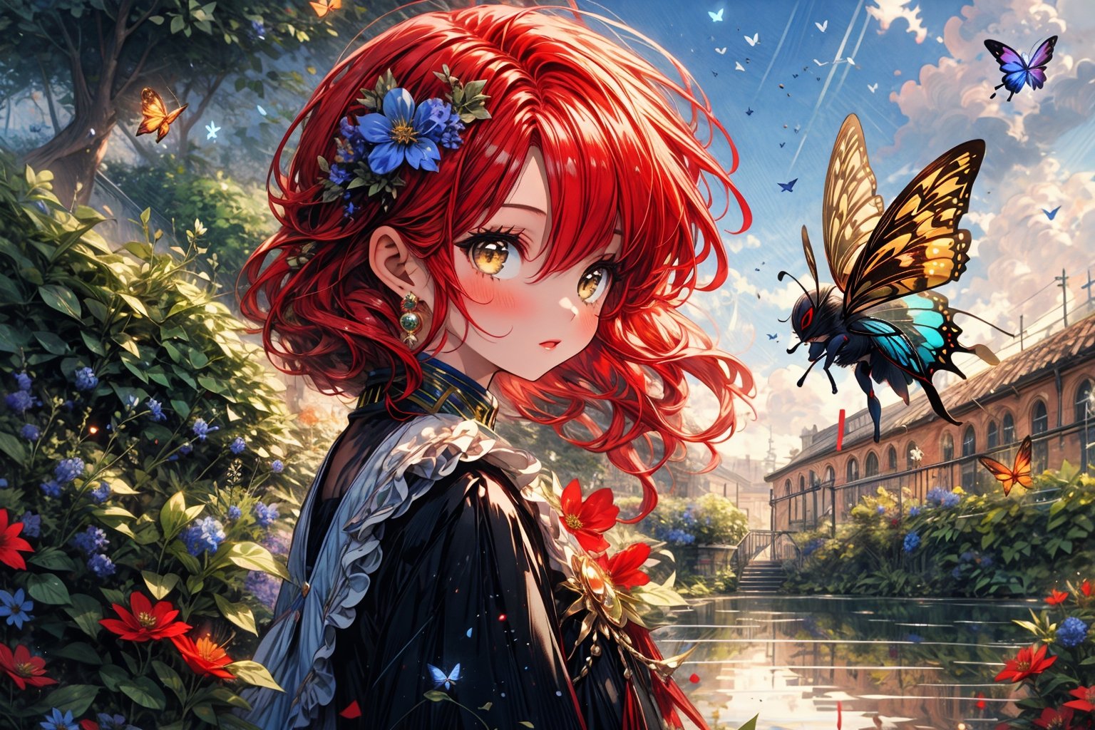 High quality, masterpiece, rayearth, 1 girl, sole female, shiny unkept red hair, brigth silver eyes, short fairy dress, floating_hair, floating above a garden of diferent types of wildflowers, bees and buterflies around her