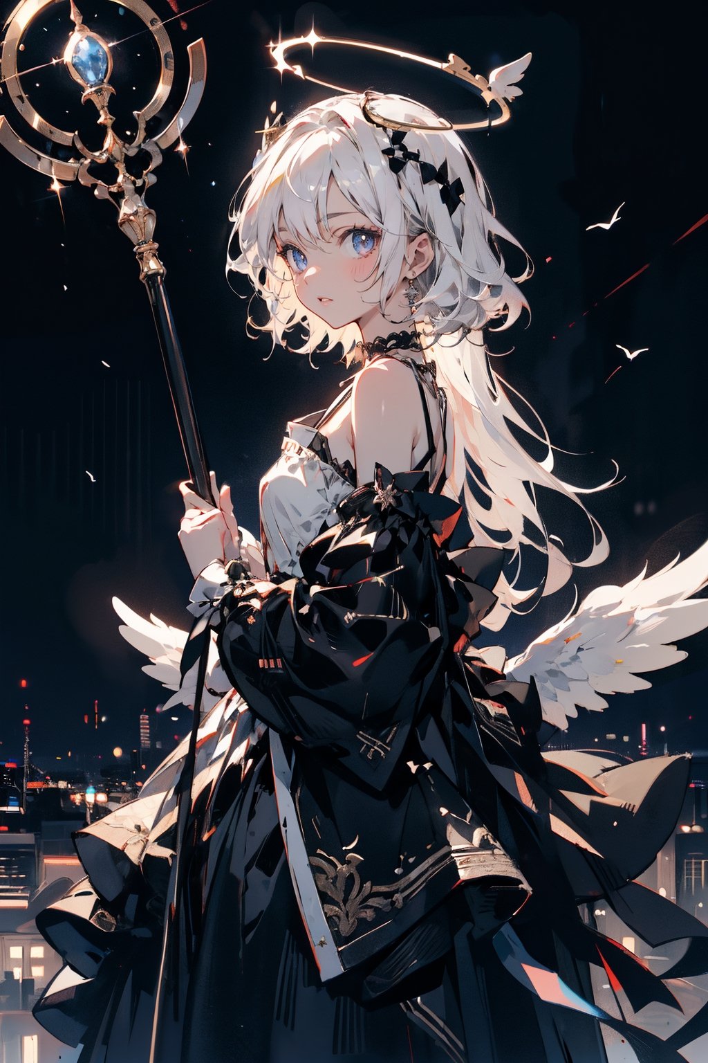 2 cute girl holding Staff, white hair, pale skin, balck dress, choker, vintage, night, night_sky, angel_halo,halo,Holy light,anime girl