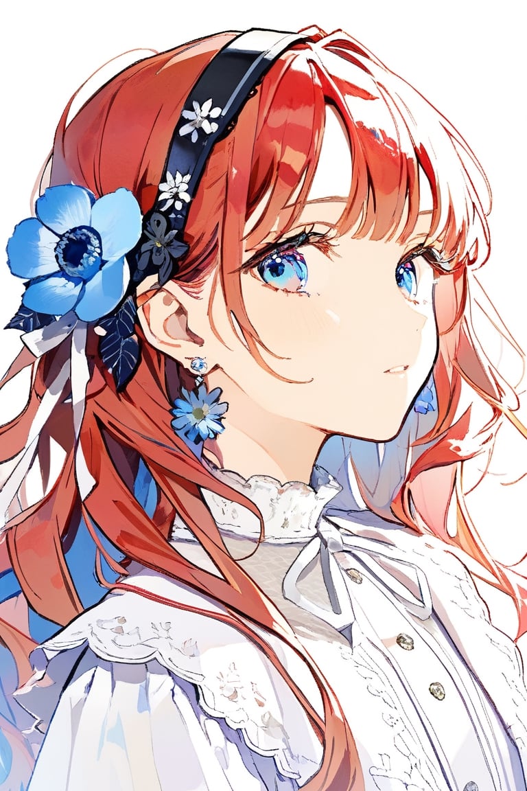 1girl, solo, long hair, , looking at viewer, bangs, blue eyes, red hair, simple background, shirt,, white background,white ribbon, jewelry, white shirt, upper body, flower, hairband, earrings, parted lips, hair flower, black hairband, white jacket, blue flower,female 