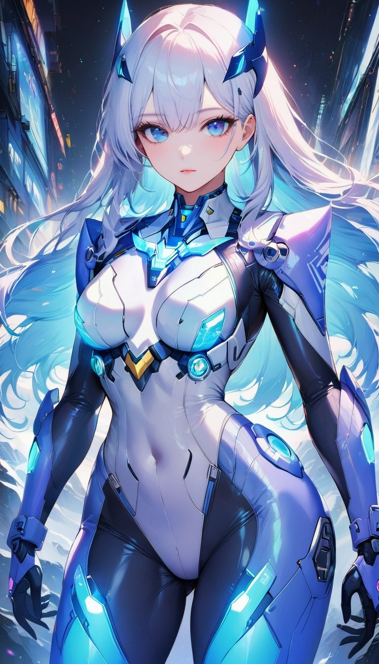 Best picture quality, high resolution, 8k, realistic, sharp focus, realistic image of elegant lady, Korean beauty, supermodel, pure white hair, blue eyes, wearing high-tech cyberpunk style blue Batgirl suit, radiant Glow, sparkling suit, mecha, perfectly customized high-tech suit, ice theme, custom design, 1 girl,swordup, looking at viewer,JeeSoo
