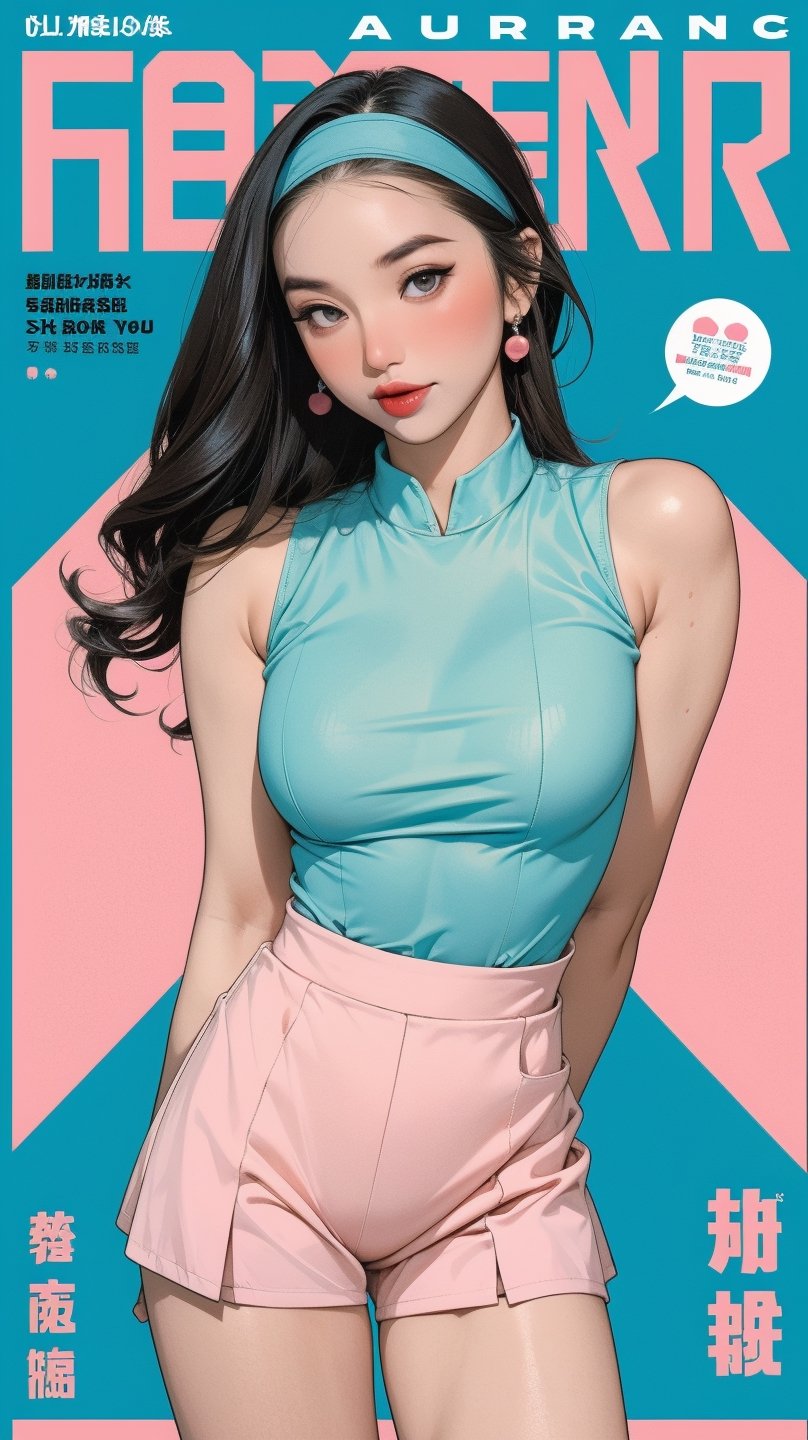 1girl, ((thigh up body, standing,)) magazine cover, outline, 2.5D artstyle, tennis girl outfit, hairband, looking at viewer, earings, blush, cyan background, hairstyle, detailed clothes, sleeveless, ultra detailed, best quality, sharp focus, chimai,