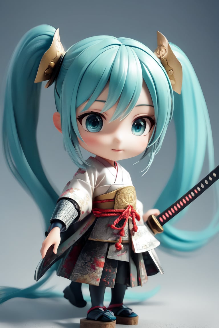 ((1 female)), Hatsune Miku, petite girl, full body, chibi, 3D figure little girl, green hair, twintails, beautiful girl with attention to detail, beautiful delicate eyes, detailed face, beautiful eyes, Japanese Warring States Period Samurai, Wearing Traditional Samurai Armor, Holding a Sword Poised, detail, dynamic beautiful pose, dynamic pose, gothic architecture, natural light, ((real)) Quality: 1.2 )), Dynamic Distance Shot, Cinematic Lighting, Perfect Composition, Super Detail, Official Art, Masterpiece, (Best) Quality: 1.3), Reflections, High Resolution CG Unity 8K Wallpaper , Detailed Background, Masterpiece, ( Photorealistic): 1.2), random angle, side angle, chibi, whole body, mikdef,