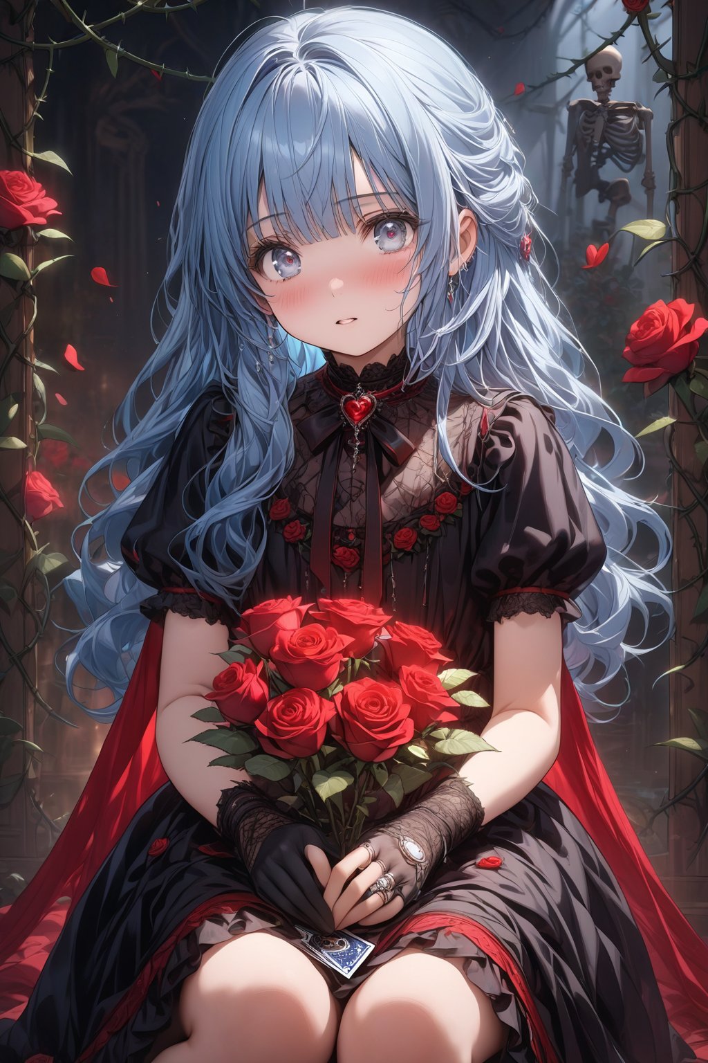 masterpiece, best quality, extremely detailed, (illustration, official art:1.1), 1 girl ,(((( light blue long hair)))), light blue hair, ,10 years old, long hair ((blush)) , cute face, big eyes, masterpiece, best quality,(((((a very delicate and beautiful girl))))),Amazing,beautiful detailed eyes,blunt bangs((((little delicate girl)))),tareme(true beautiful:1.2), ,masterpiece, best quality,1girl, solo, flower, long hair, rose, red hair, red flower, heart, grey eyes, thorns, red rose, vines, dress, looking at viewer, parted lips, bangs, black flower, black dress, gloves, holding, plant, very long hair, skeleton, ring, white background, black rose, picture frame, card, frills, black gloves, white eyes, blurry ////////, ,