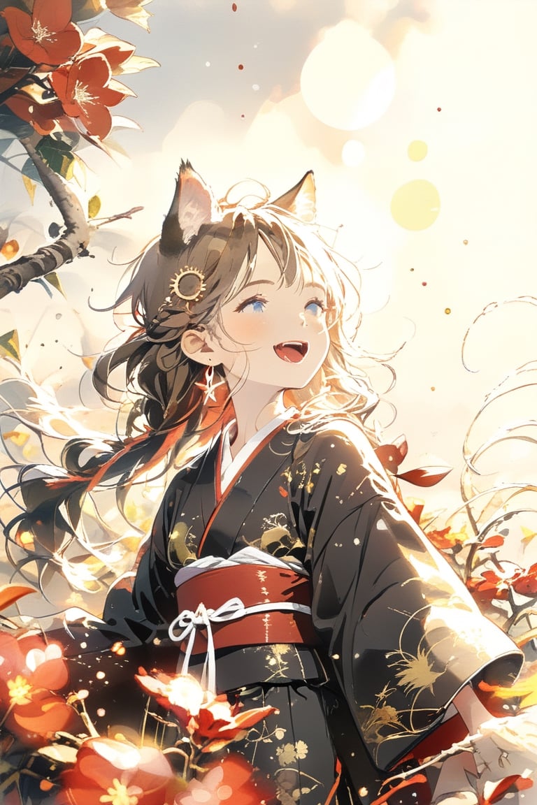 Masterpiece, highest quality, aesthetic, traditional media,
\\character
  1 Girl, Solo, Looking at camera, Blue eyes, Clear eyes, Smile, Happy, Open mouth, (Fluffy cat ears: 1.1), Cheeks, Ahoge, Brown hair, Single braid, (Red inner hair: 1.3 ), (straight bangs: 1.5), ((big red ribbon: 1.5)), (crescent-shaped hair ornament: 1.3), chest, mid-chest, cleavage, crystal earrings,
break
person, long sleeves, mouth closed, standing, flowers, Japanese clothes, wide sleeves, kimono, sash, floating hair, obi, red flowers, wind, branches, black kimono