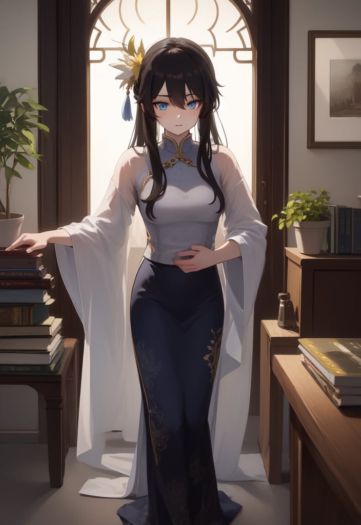 High Quality, Lossless, Clean, Raw, High Quality, Lossless, Clean, Raw, HD, girl, alone, clear lights, bangs in her hair, blue eyes, beautiful girl, perfect body, Color Booster,Realism, 1girl, solo, long hair, looking at viewer, skirt, black hair, hair ornament, long sleeves, standing, flower, indoors, wide sleeves, window, chinese clothes, table, plant, book stack