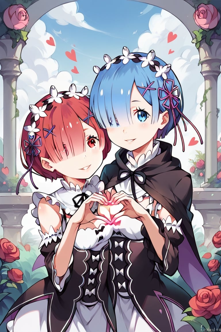 score_9, score_8_up, score_7_up, score_6_up, score_5_up,2girls,multiple girls,hair over one eye ,hearts hands, at garden,2girls,rem (re:zero),blue eyes, blue hair, short hair,smile,parted lips,2girls,ram (re:zero),red hair,red eyes,light smile,hood