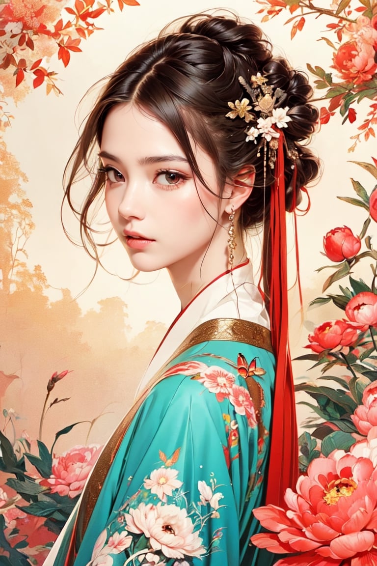 A girl, wearing hanfu, peony garden, butterfly, (negative space:1.4), fusion of art nouveau styles with gongbi painting, gold and white and red hue, Mucha style, (Cinematic lighting, ethereal light, intricate details, extremely detailed, incredible details, full colored), complex details, hyper maximalist, gorgeous light and shadow, detailed decoration, detailed lines. masterpiece, best quality, HDR, UHD, unreal engine. looking at the camera, fair skin, beautiful face,