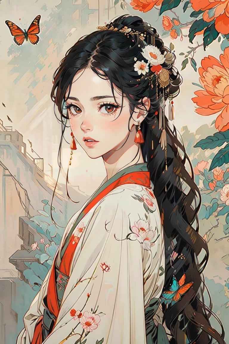  A girl, wearing hanfu, peony garden, butterfly, (negative space:1.4), gold and white and red hue, white background, (Cinematic lighting, ethereal light, intricate details, extremely detailed, incredible details, full colored), complex details, hyper maximalist, gorgeous light and shadow, detailed decoration, detailed lines. masterpiece, best quality, HDR, UHD, unreal engine. looking at the camera, fair skin, beautiful face,