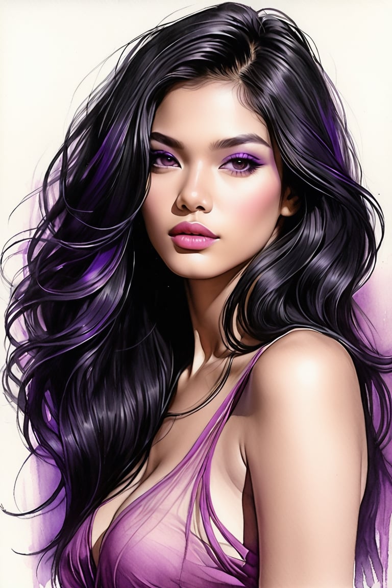 realistic, pencil Sketch of a beautiful  philipines woman 25 years old, , black long hair, purple shades, disheveled alluring, portrait by Charles Miano, ink drawing, illustrative art, soft lighting, detailed, more Flowing rhythm, elegant, low contrast, add soft blur with thin line, full pink lips, black eyes, black- pink clothes.