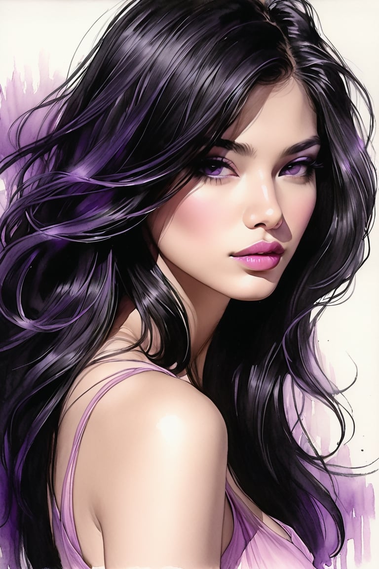 pencil Sketch of a beautiful  philipines woman 25 years old, , black long hair, purple shades, disheveled alluring, portrait by Charles Miano, ink drawing, illustrative art, soft lighting, detailed, more Flowing rhythm, elegant, low contrast, add soft blur with thin line, full pink lips, black eyes, black- pink clothes.