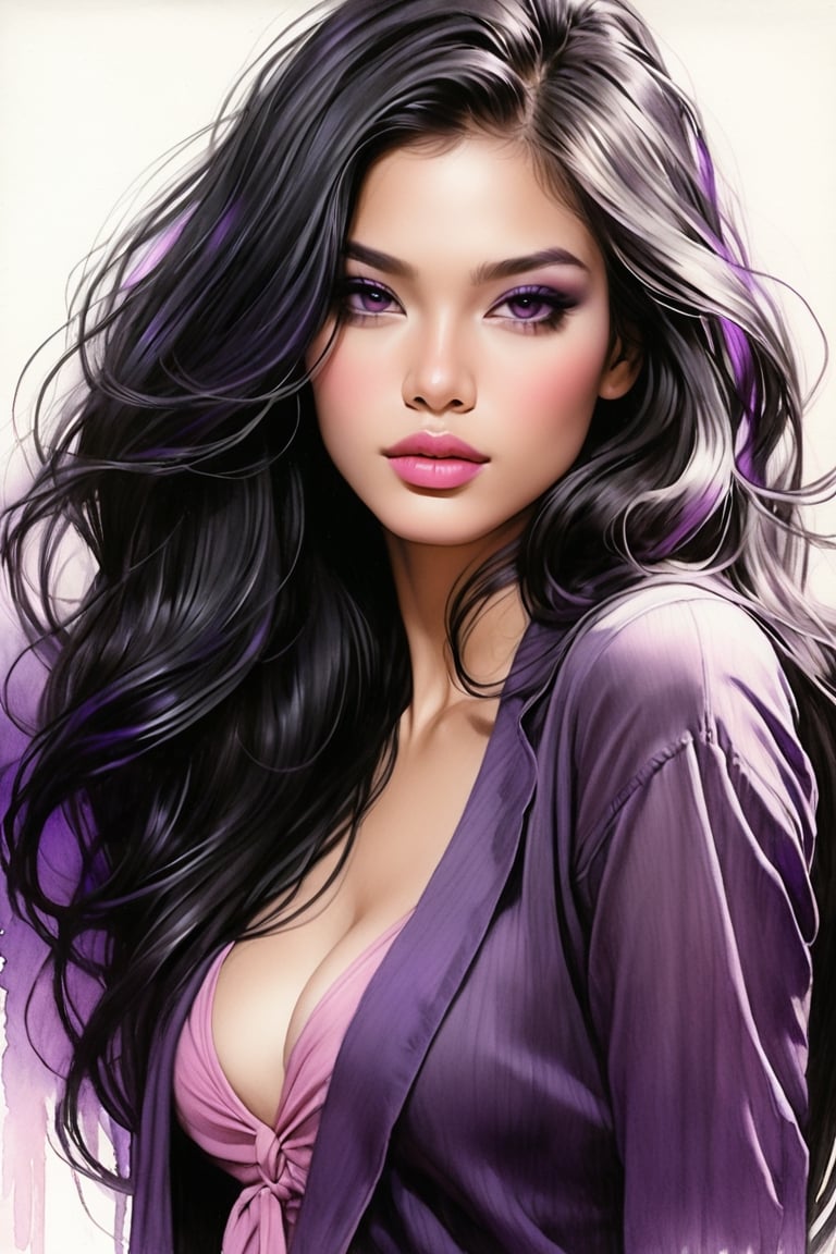 realistic, pencil Sketch of a beautiful  philipines woman 25 years old, , black long hair, purple shades, disheveled alluring, portrait by Charles Miano, ink drawing, illustrative art, soft lighting, detailed, more Flowing rhythm, elegant, low contrast, add soft blur with thin line, full pink lips, black eyes, black- pink clothes.