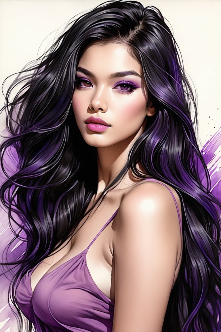 realistic, pencil Sketch of a beautiful  philipines woman 25 years old, , black long hair, purple shades, disheveled alluring, portrait by Charles Miano, ink drawing, illustrative art, soft lighting, detailed, more Flowing rhythm, elegant, low contrast, add soft blur with thin line, full pink lips, black eyes, black- pink clothes.