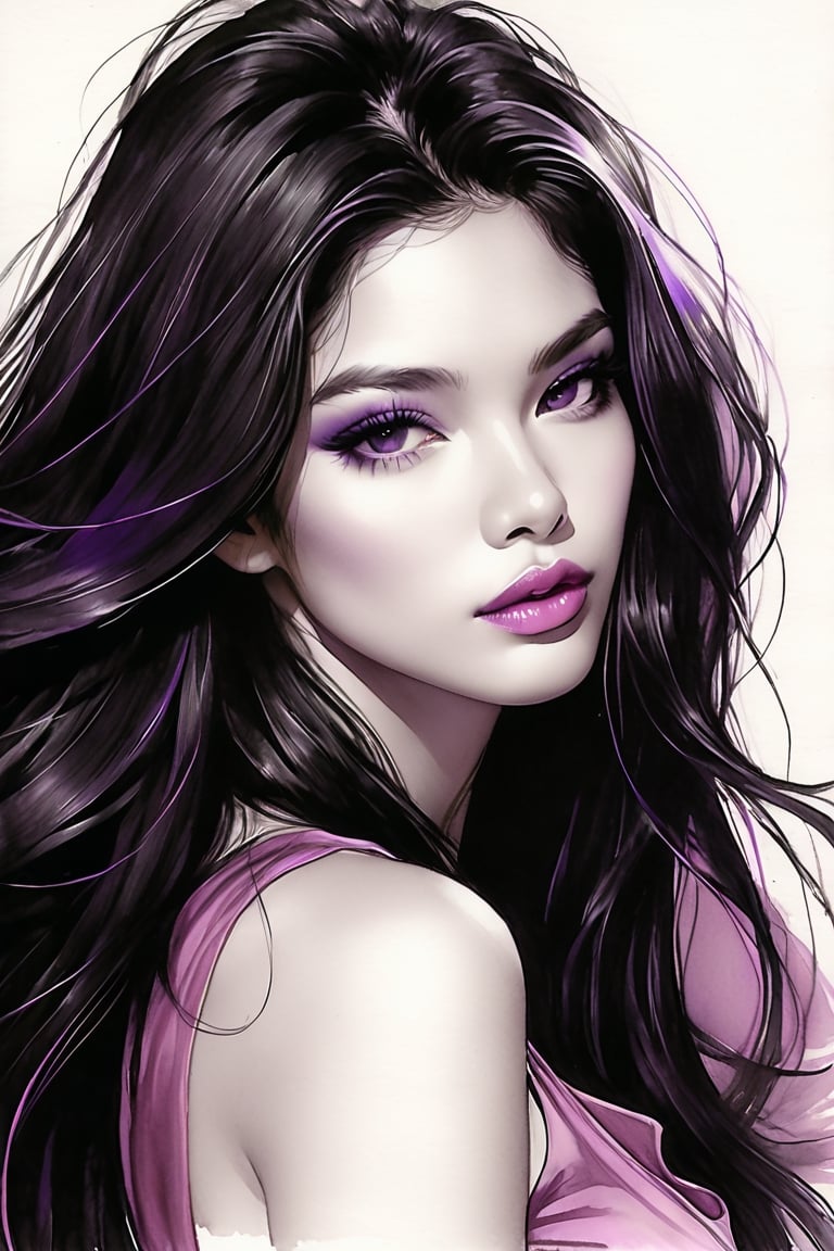 pencil Sketch of a beautiful  philipines woman 25 years old, , black long hair, purple shades, disheveled alluring, portrait by Charles Miano, ink drawing, illustrative art, soft lighting, detailed, more Flowing rhythm, elegant, low contrast, add soft blur with thin line, full pink lips, black eyes, black- pink clothes.