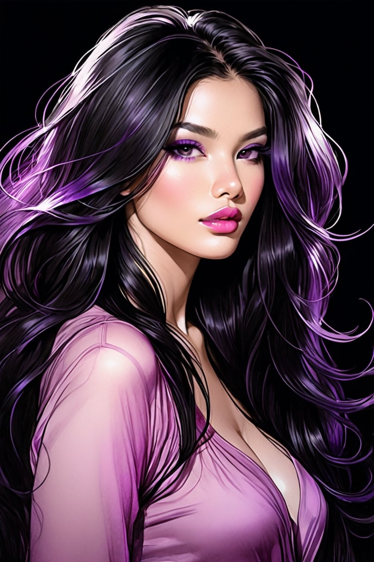 pencil Sketch of a beautiful  philipines woman 25 years old, , black long hair, purple shades, disheveled alluring, portrait by Charles Miano, ink drawing, illustrative art, soft lighting, detailed, more Flowing rhythm, elegant, low contrast, add soft blur with thin line, full pink lips, black eyes, black- pink clothes.