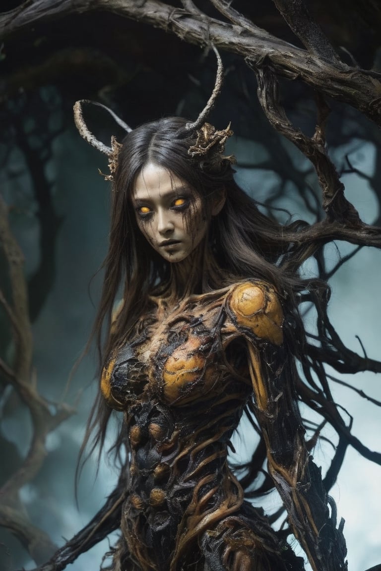 The woman japanese bee queen long hair A massive creature with rotting flesh and scultural human body that hangs in tatters from its bones, its eyes are black sockets that emit a faint, eerie glow.
,1 girl , full body